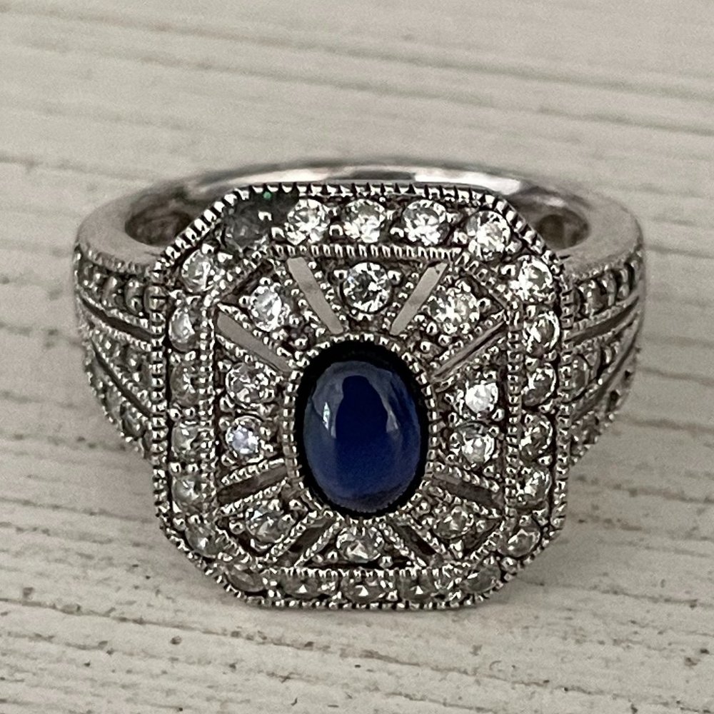 Sterling Silver CZ & Blue Sapphire ring Size 6